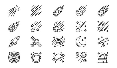Meteor Shower and Celestial Space Icon Set: Minimalist Outline and Solid Illustrations for Comets, Asteroids, Shooting Stars, Cosmic Radiation, and Astronomy Research Symbols © Joyanto