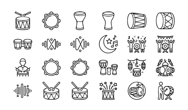 Muslim Drum and Islamic Percussion Icon Set: Minimalist Outline and Solid Illustrations for Ramadan Bedug, Rebana Hand Drums, Eid Festival Music, and Cultural Celebration Symbols