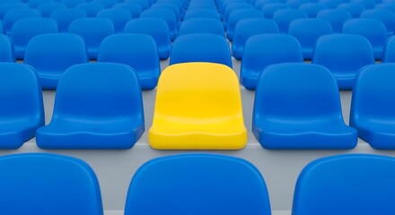 Fototapeta premium Single yellow chair in blue stadium seats.
