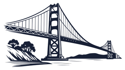 Fototapeta premium Vector illustration of a classic suspension bridge span over water with hills and trees suspension landmark