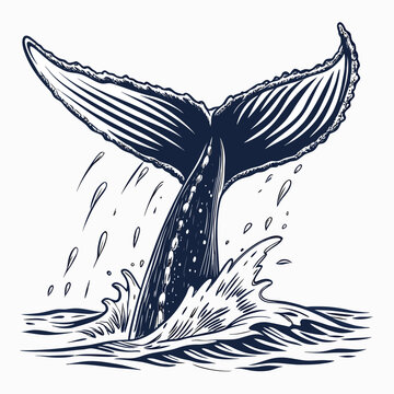 Vector illustration of a whale tail fluke breaching the ocean surface with water splashes wildlife nautical