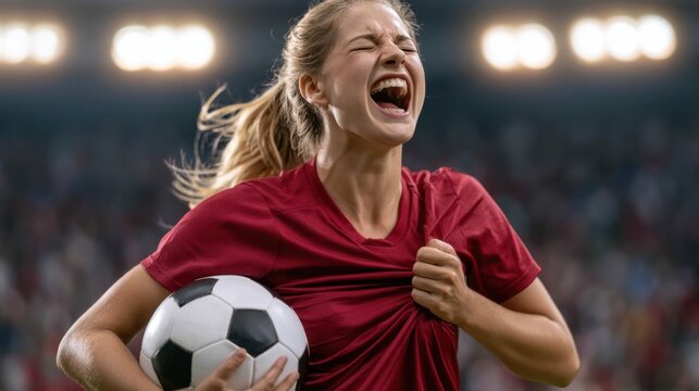 Excited female soccer player celebrating victory while holding ball, expressive emotion with closed eyes and raised fist on professional sports field at stadium night