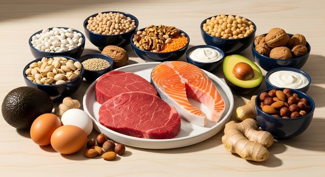 Assortment of Healthy Foods Including Meat Fish Eggs Avocado Nuts and Seeds.