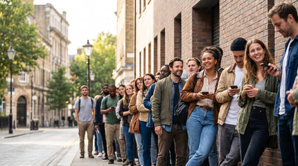 Obraz premium Diverse crowd eagerly waiting outside a trendy urban store, standing along a brick wall on a sunny day, with anticipation and smartphones in hand