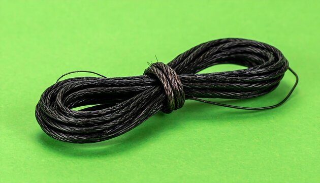 Black rope coiled against vibrant green backdrop for versatile applications