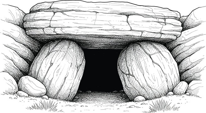 Ancient dolmen entrance, stone structure with two large portal stones