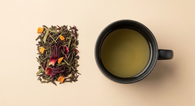 Cup of herbal tea with dried leaves and flower petals.