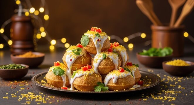 A pile of delicious Indian street food snack Appam with creamy sauce and herbs.