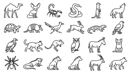 Desert animals line art icons, 24 wild desert wildlife vector illustrations, minimalist black outline animal set for educational infographics © Sidra