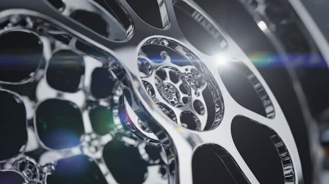 Abstract futuristic design with chrome elements forming an intricate repeating pattern with a central light flare.
