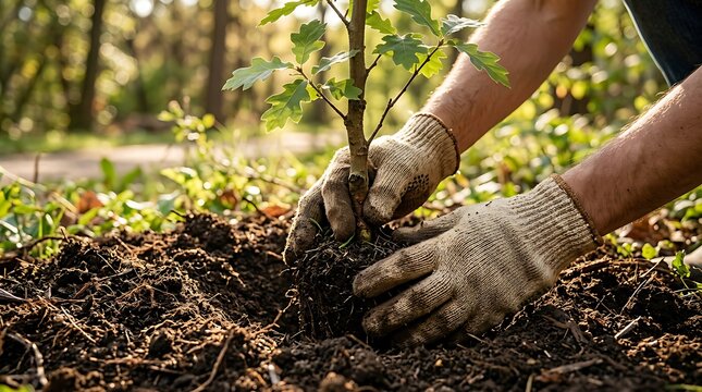 Hands Planting Young Oak Tree Sapling in Fertile Soil