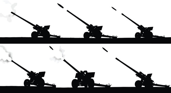 Silhouette of anti-aircraft cannons firing, motion sequence black white