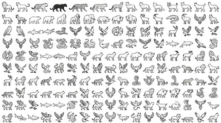 Minimalist animal icons set, black line art wildlife symbols, large collection of zoo and nature vector illustrations for branding and web design © Sidra