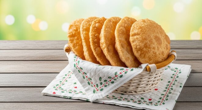 Freshly fried Indian puri bread in a rustic wicker basket on a wooden table.