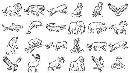 Minimalist wild animal line art icons, set of 24 black and white wildlife vector illustrations, modern zoo and safari fauna symbols for branding © Sidra