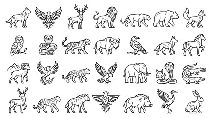 Minimalist animal icons set, 28 wild animal line art illustrations, black outline wildlife symbols for branding and logo design © Sidra