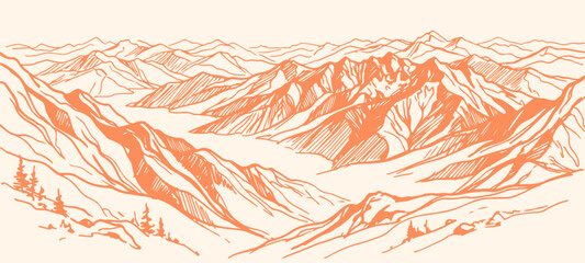 Mountains outlines drawing vector illustration with mountains background © Nayan