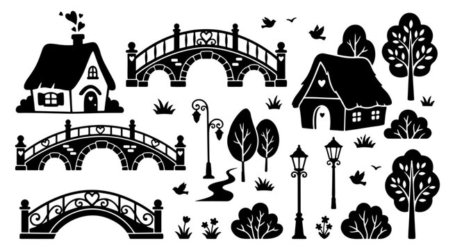 silhouette romantic village garden elements vector set with houses bridges trees and decorative landscape icons. elegant nature park scene collection isolated on white background.