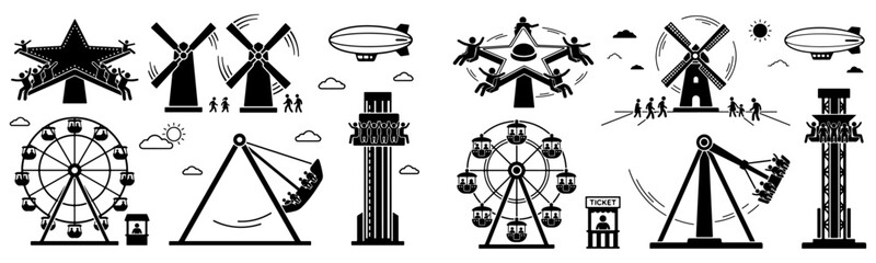 Amusement park and carnival attractions silhouette set, classic ferris wheel theme park rides and vintage windmills decoration icons © Nayan