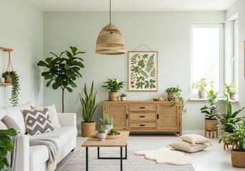 Fototapeta premium Cozy modern living room with indoor plants and wooden cabinet