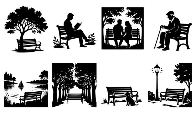 Park bench and people silhouette vector collection isolated on white background, peaceful outdoor lifestyle scenes with trees and nature illustration