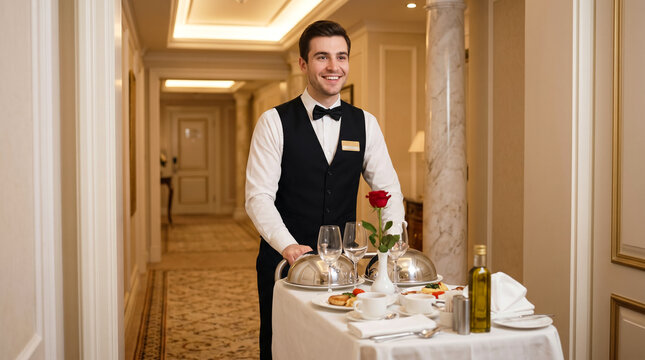 Smiling Caucasian waiter pushing room service trolley with breakfast in luxury hotel hallway, hospitality service and upscale tourism