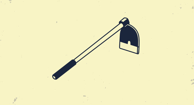 Traditional gardening hoe tool with a wooden handle and metal blade shown in a simple 3d isometric style for farming.