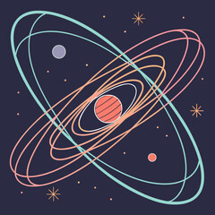 Stylized abstract solar system with orbiting planetary rings and stars universe astronomy © New