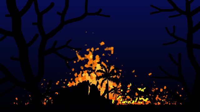 Forest fire animation isolated on gradient black blue background. Roaring flames consuming a stylized green forest landscape at night, ready for environmental and disaster-themed video production.