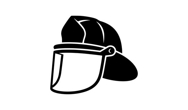 Firefighter helmet black silhouette vector illustration icon with protective face shield for emergency services