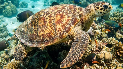 Fototapeta premium Sea turtle swimming over coral reef underwater