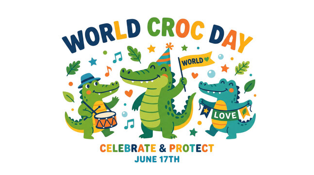 Cute World Croc Day crocodile mascot vector illustration with colorful reptile characters celebration banner wildlife conservation and tropical nature design