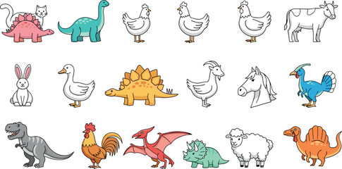Cute Farm and Dinosaur Animal Collection Featuring Chicken Cow Rabbit Horse Sheep Rooster and Colorful Cartoon Prehistoric Creatures © Mominul