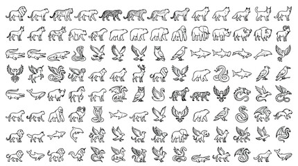 Minimalist animal line icons set, black outline wildlife and mythical creature symbols, 120 vector graphic elements for logo design and branding © Saad