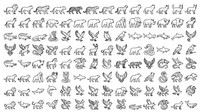 Minimalist animal line icons set, 112 wild wildlife and mythical creature vector symbols, black outline zoo and nature graphic elements