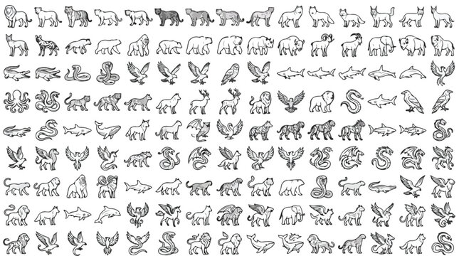 Minimalist animal line icons set, collection of 140 wildlife and mythical creature vector symbols, black outline zoo and nature graphics