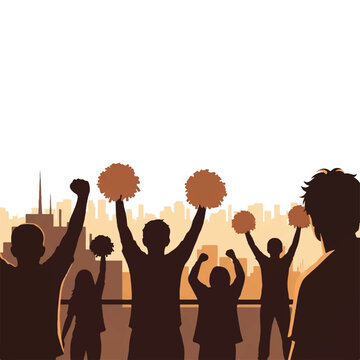 Flat vector design of fans cheering on a metropolitan rooftop with a distant city skyline, warm sepia and muted tan color scheme, 5 colors only, minimalist flat vector artwork, clipart style,