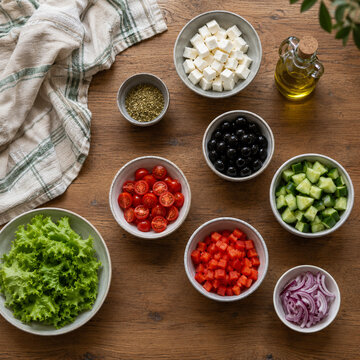 Top view of Greek salad ingredients with feta, olives, cucumber, cherry tomatoes, red pepper, red onion, lettuce and olive oil on rustic wooden table.