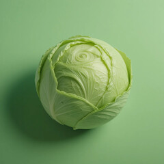 Fototapeta premium Isolated whole raw green cabbage on a solid green backdrop, minimalist style