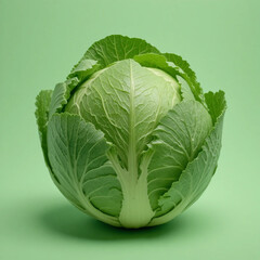 Obraz premium Isolated whole raw green cabbage on a solid green backdrop, minimalist style