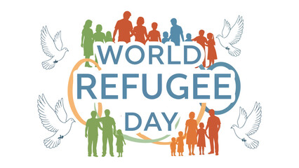 Fototapeta premium World Refugee Day Symbol: An illustration celebrating World Refugee Day, featuring diverse families and doves, symbolizing peace and global unity.