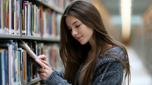 Young woman reading book in library aisle, student browsing shelf in quiet study area with soft natural light and calm focused mood