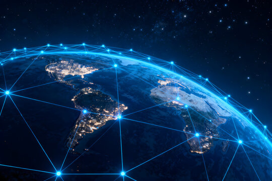 Digital connections around the world. Planet Earth at night with glowing network lines representing global communication, data transfer, and worldwide internet connectivity in space. Europe at night.