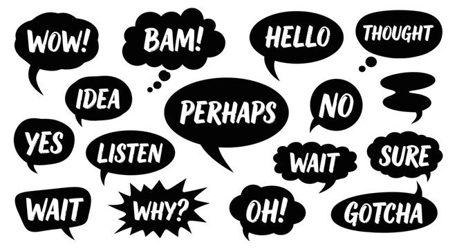 Comic speech bubbles set with 16 black thought clouds, hand drawn talk balloons with text, pop art dialogue elements for social media and comics