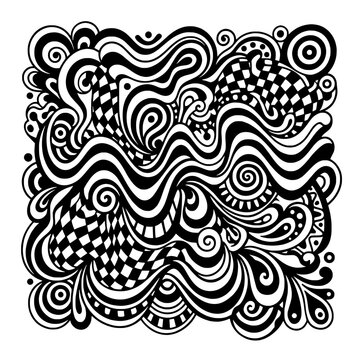 Black and white illustration of swirling patterns and shapes on a white background