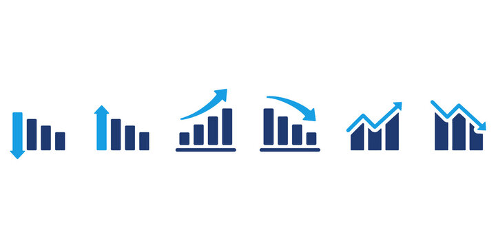 Business chart and graph icon set in blue corporate style. Analytics, data statistics, growth and decline symbols for finance reports, dashboards, presentations, KPI tracking and modern UI design.
