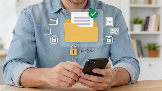 Man holding smartphone with secure folder icon and password lock symbol, mobile data protection and privacy security concept featuring verified checkmark and authentication icons
