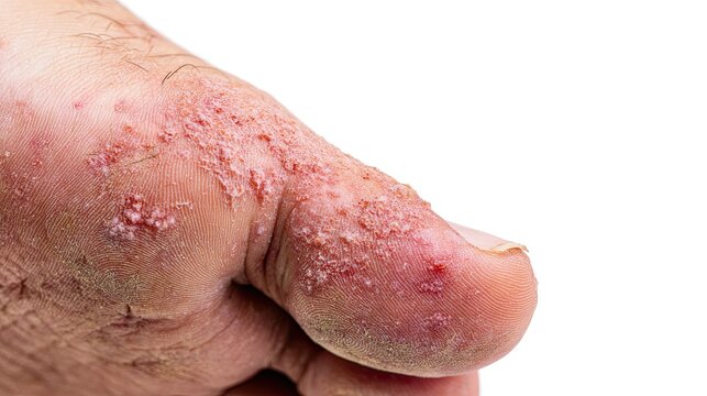 Close‑up of tinea pedis condition with fungal foot skin infection, athlete's foot peeling and ulceration symptom, dermatology foot disease medical popularization material