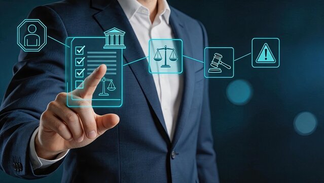 Lawyer touching digital legal icons interface representing justice scales and gavel, law firm attorney providing consultation on regulations, compliance and litigation services