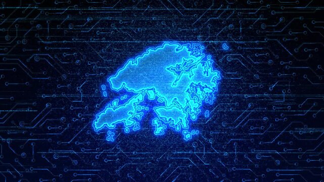 4K Resolution, Hong Kong Country Digital Electric Futuristic Technology Map, Suitable for Tech events, Science, Politics, Elections, News and Sports Events